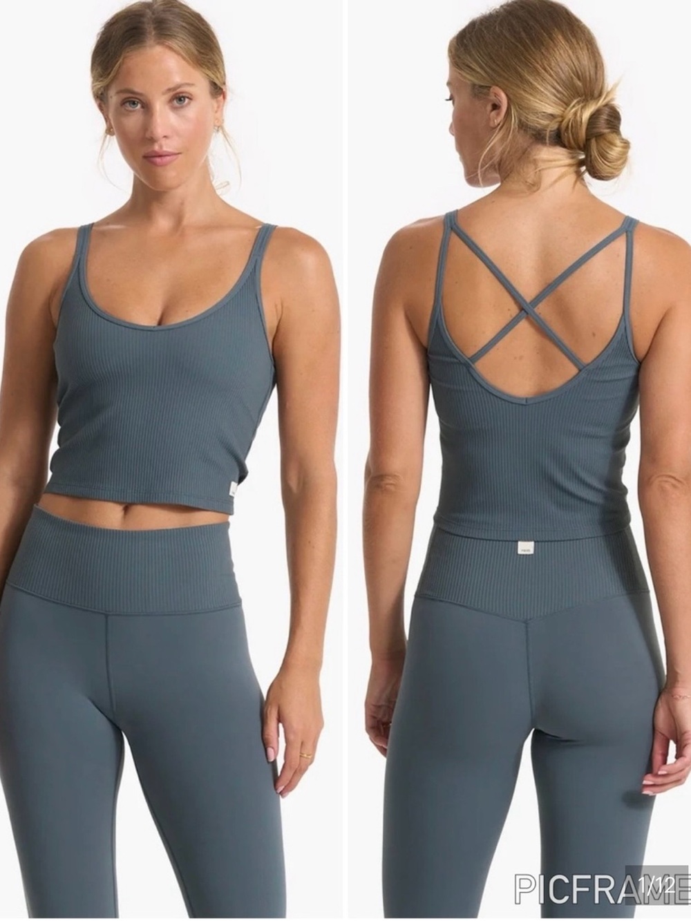 Vuori Rib Crop Tank Strappy Back Longline Performance Bra Top Stone Blue